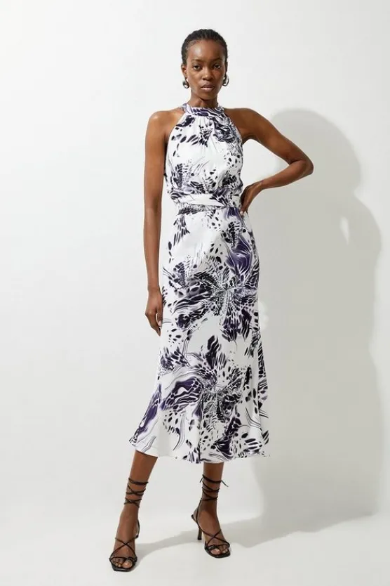 Best Sale Karen Millen Abstract Floral Satin Woven Halter Midi Dress purple