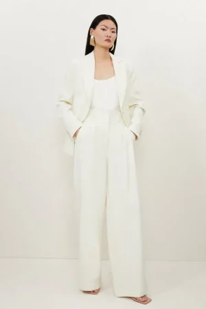 Clearance Karen Millen Compact Stretch Essential Tailored High Waist Wide Leg Pants cream