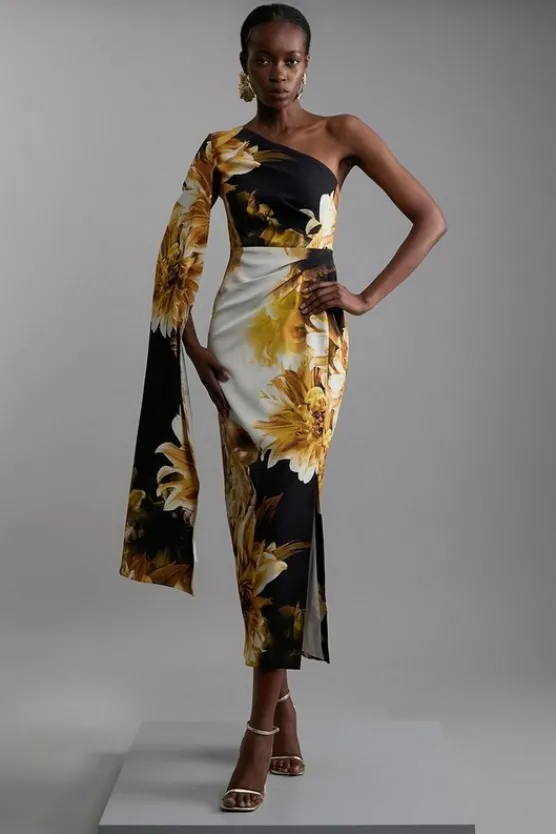 Flash Sale Karen Millen Compact Stretch Viscose Printed Photographic Floral One Shoulder Cape Maxi Dress multi