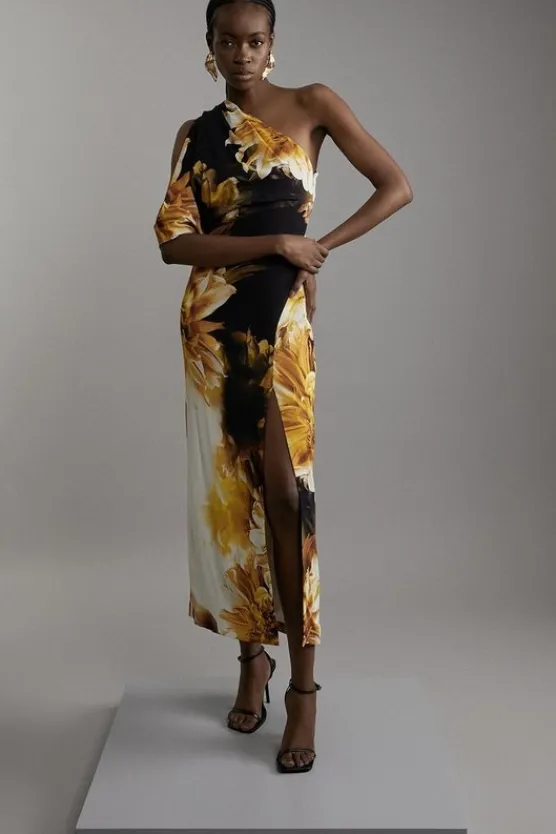Clearance Karen Millen Compact Stretch Viscose Printed Photographic Floral One Shoulder Maxi Dress multi
