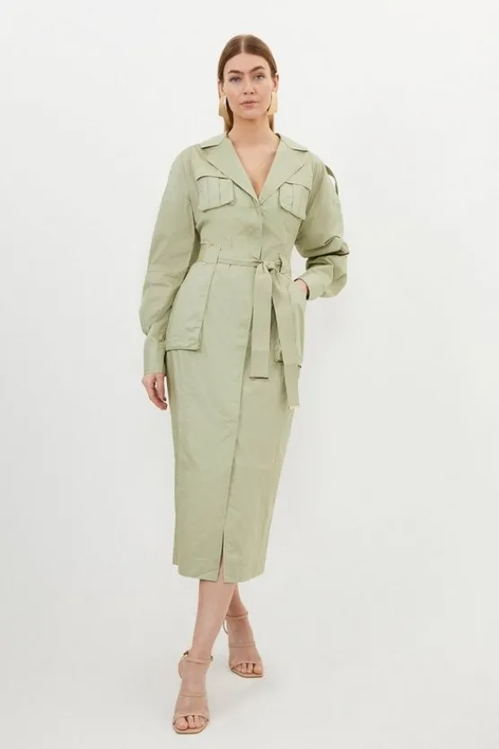 Cheap Karen Millen Cotton Sateen Woven Midi Shirt Dress khaki