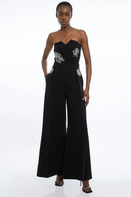 Best Karen Millen Crystal Embellished Bandeau Wrap Tailored Wide Leg Contrast Jumpsuit black