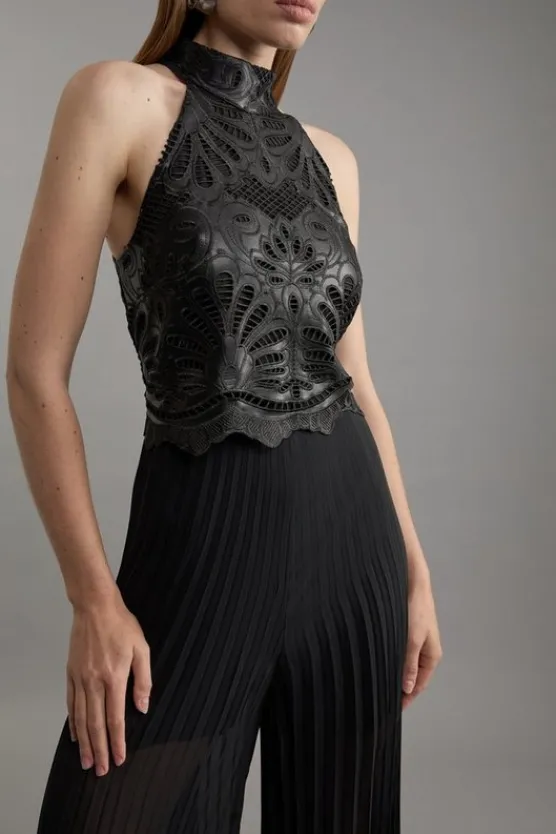 Best Karen Millen Cutwork Pu Halter Neck Pleated Wide Leg Tailored Jumpsuit black