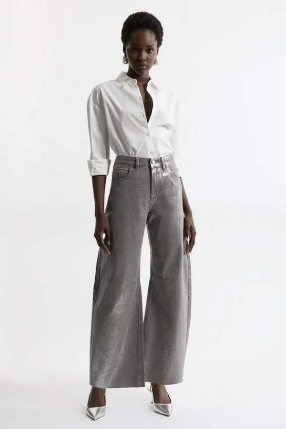 New Karen Millen Denim Foiled Wide Leg Jeans darkgrey