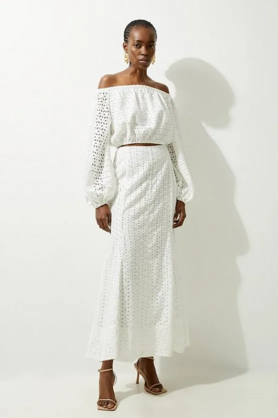 Best Karen Millen Eyelet Godet Woven Midi Skirt white