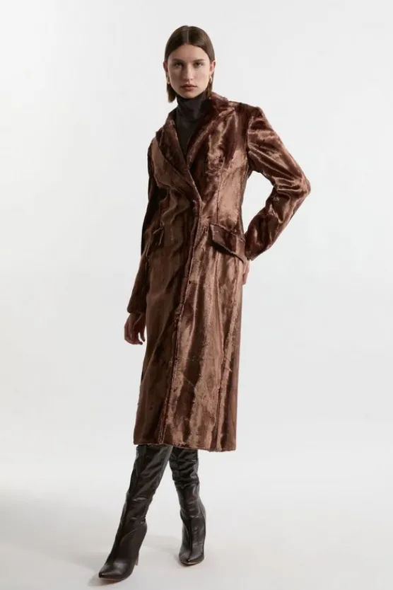 Best Karen Millen Faux Fur Tailored Single Breasted Midi Coat rosegold