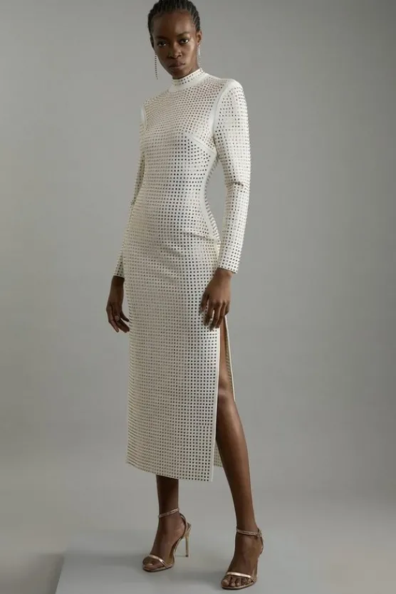Best Karen Millen Figure Form Bandage Knit All Over Embellished Maxi Dress ivory
