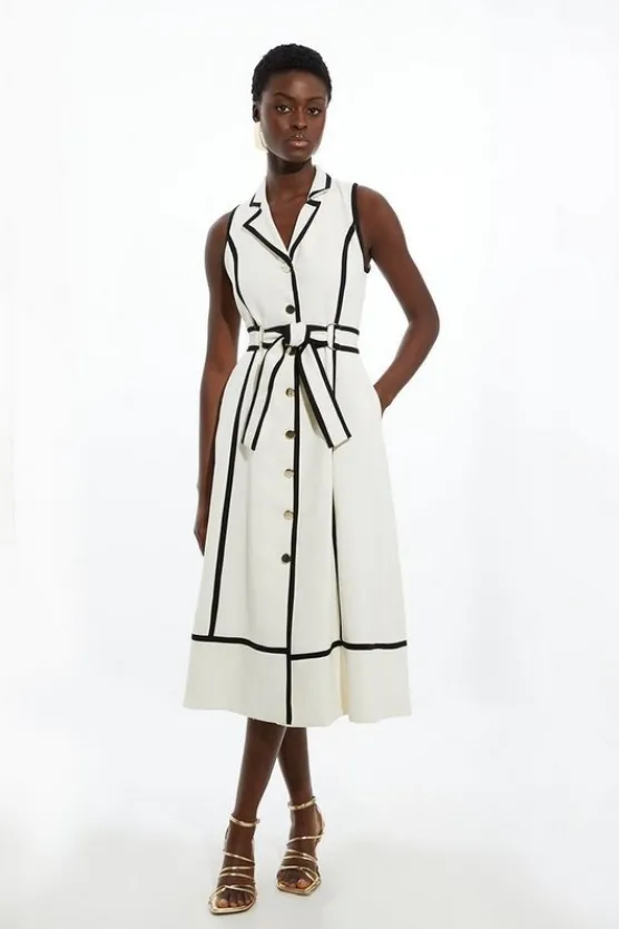 Best Sale Karen Millen Fluid Tailored Sleeveless Belted Contrast Tipped Midaxi Shirt Dress ivory