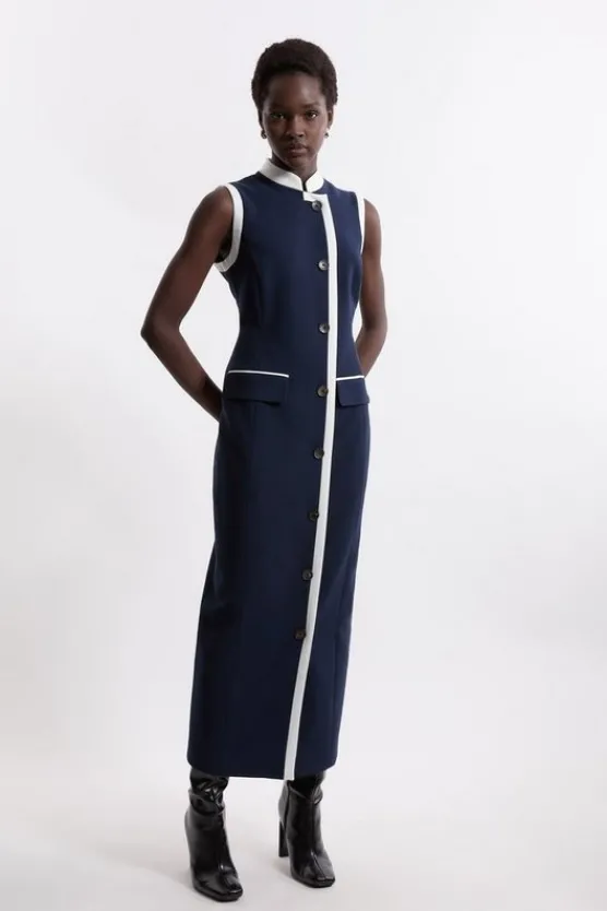 Best Karen Millen Formal Tailored Compact Stretch Sleeveless Fitted Maxi Dress navy