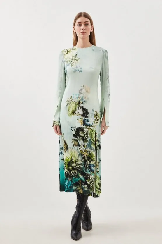 Best Karen Millen Garden Floral Woven Viscose Satin Midi Dress blue