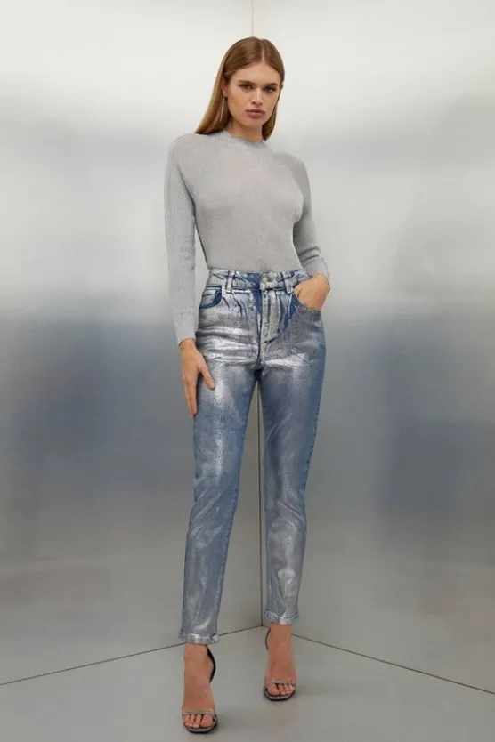 Hot Karen Millen High Rise Slim Leg Silver Foiled Jeans midblue