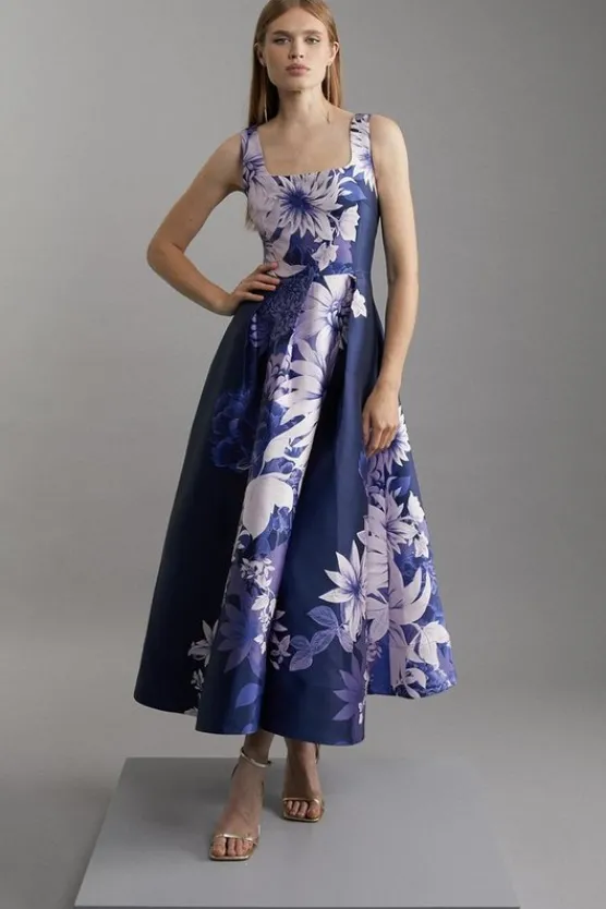 Flash Sale Karen Millen Large Scale Floral Print Woven Prom Maxi Dress navy