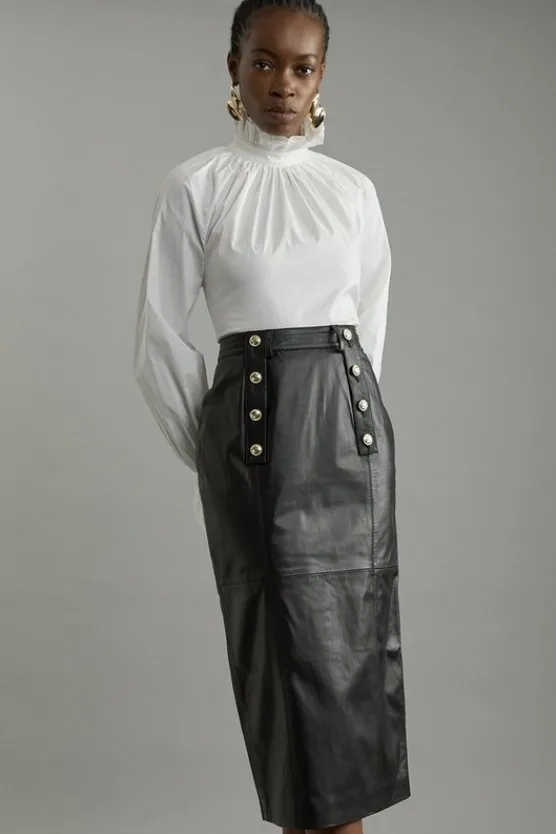 Best Karen Millen Leather Military Button Pencil Midi Skirt black