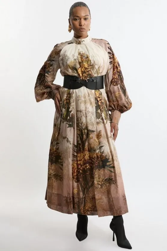 Best Sale Karen Millen Lydia Millen Plus Size Silk Cotton Border Print Belted Maxi Dress nudepink