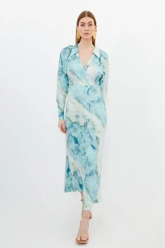 Clearance Karen Millen Marble Print Jersey Shirt Midi Dress green
