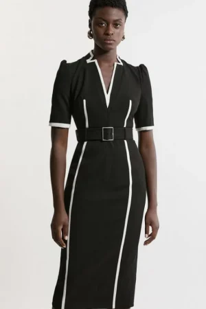 Best Sale Karen Millen Petite Compact Stretch Contrast Tipped Forever Belted Tailored Midi Dress black