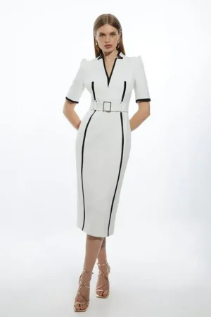 Best Karen Millen Petite Compact Stretch Contrast Tipped Forever Belted Tailored Midi Dress ivory