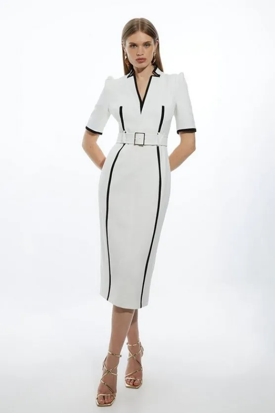 Best Karen Millen Petite Compact Stretch Contrast Tipped Forever Belted Tailored Midi Dress ivory