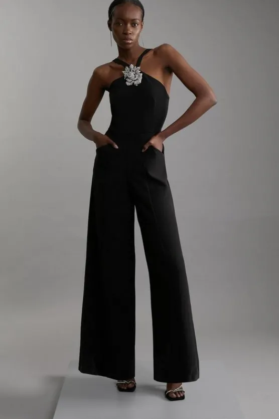 Cheap Karen Millen Petite Compact Stretch Viscose Crystal Embellished Rosette Straight Leg Tailored Jumpsuit black