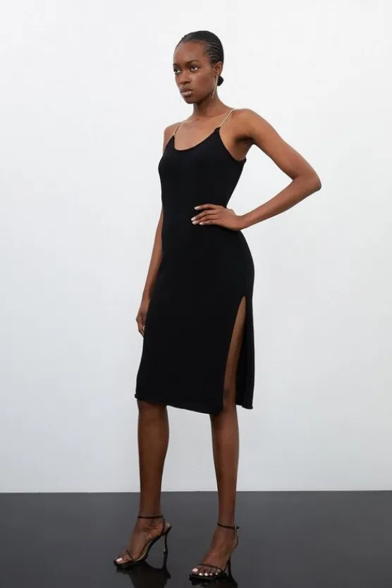 Fashion Karen Millen Petite Corded Knit Chain Detail Midi Dress black