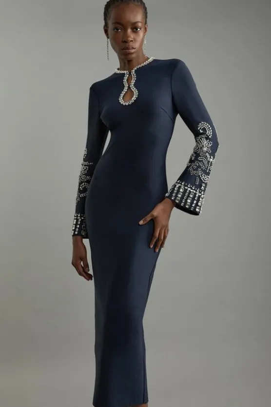 Best Karen Millen Petite Figure Form Bandage Knit Embellished Wide Sleeve Midaxi Dress navy