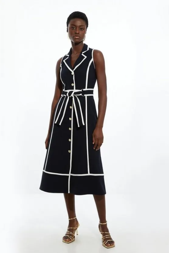 Best Sale Karen Millen Petite Fluid Tailored Sleeveless Belted Contrast Tipped Midaxi Shirt Dress navy