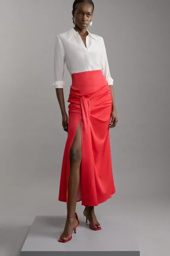 Best Karen Millen Petite Tailo Satin High Waisted Draped Maxi Skirt red