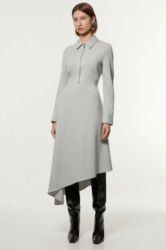 Flash Sale Karen Millen Petite Technical Crepe Tailored Metal Zip Detail High Low Midi Dress greymarl