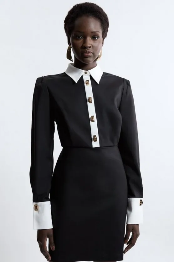Clearance Karen Millen Petite Techno Cotton Woven Mini Shirt Dress With Gold Clasps mono