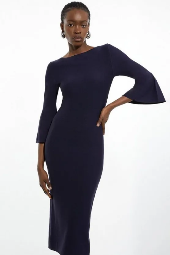 Best Karen Millen Petite Viscose Blend Look Knit Midi Dress With Fluted Sleeve navy