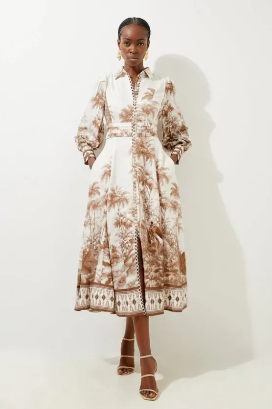 Best Sale Karen Millen Petite Viscose Linen Scenic Placed Print Balloon Woven Shirt Dress neutral
