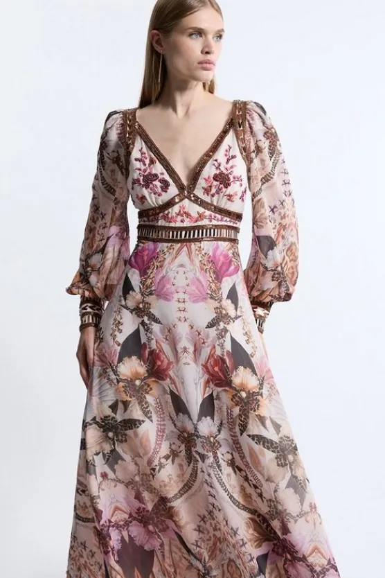Flash Sale Karen Millen Placed Floral Embroidered And Beaded Woven Midi Dress multi