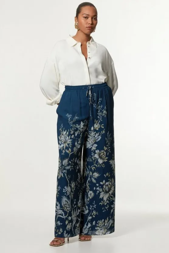 Best Karen Millen Plus Size Border Print Viscose Piped Woven Wide Leg Pants darknavy