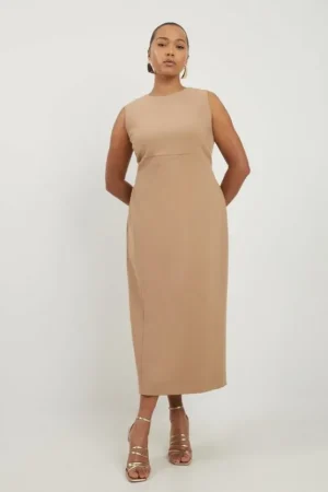 New Karen Millen Plus Size Compact Stretch Tailored Pencil Midi Dress camel