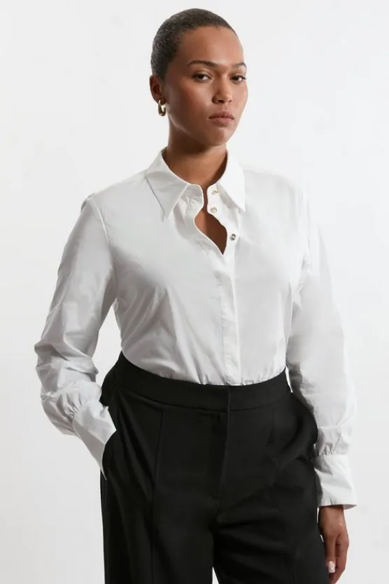 Best Sale Karen Millen Plus Size Cotton Button Sleeve Detail Striped Woven Shirt white