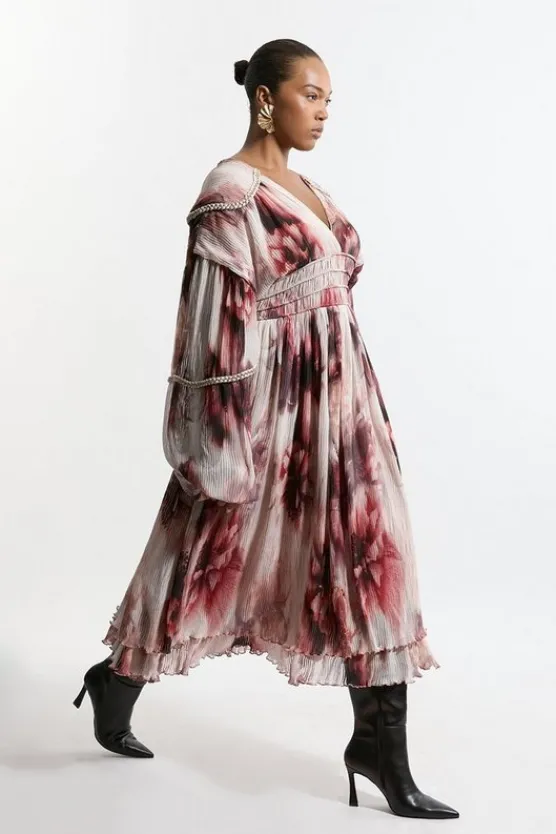 Best Karen Millen Plus Size Crinkle Woven Midi Dress With Balloon Sleeve And Embellishment floral