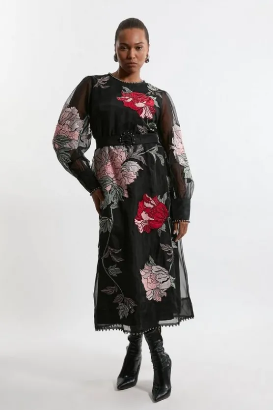 Flash Sale Karen Millen Plus Size Embroidered Organdie Woven Balloon Sleeve With Beading floral