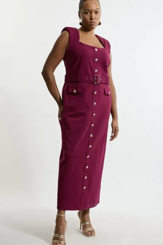 Best Karen Millen Plus Size Ponte Belted Cap Sleeve Midi Dress plum