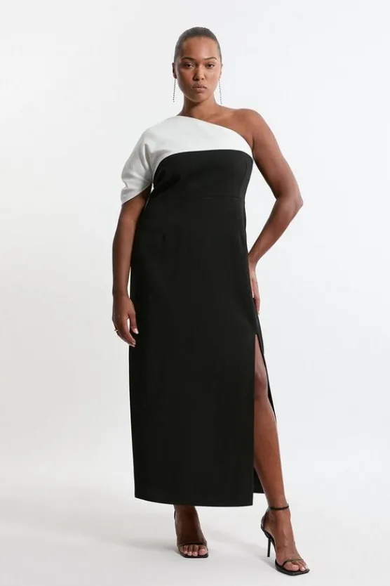 Sale Karen Millen Plus Size Structured Crepe Asymmetric Cape Detail Tailored Midi Dress mono