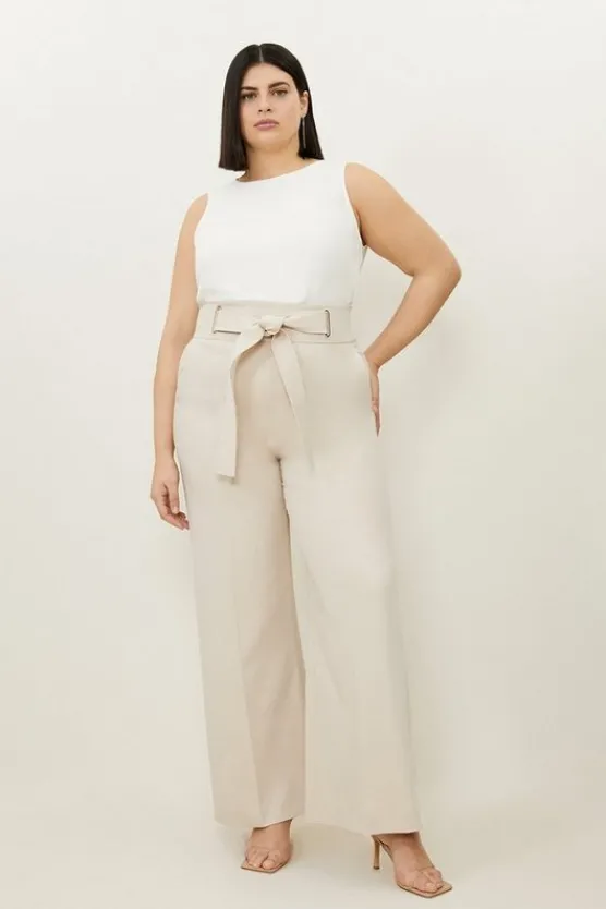 Best Karen Millen Plus Size Tailored Viscose Linen Eyelet Detail Belted Straight Leg Pants camel
