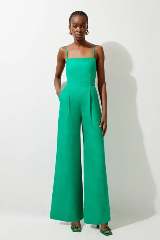 Cheap Karen Millen Premium Linen Tailored Halterneck Corset Back Wide Leg Jumpsuit green