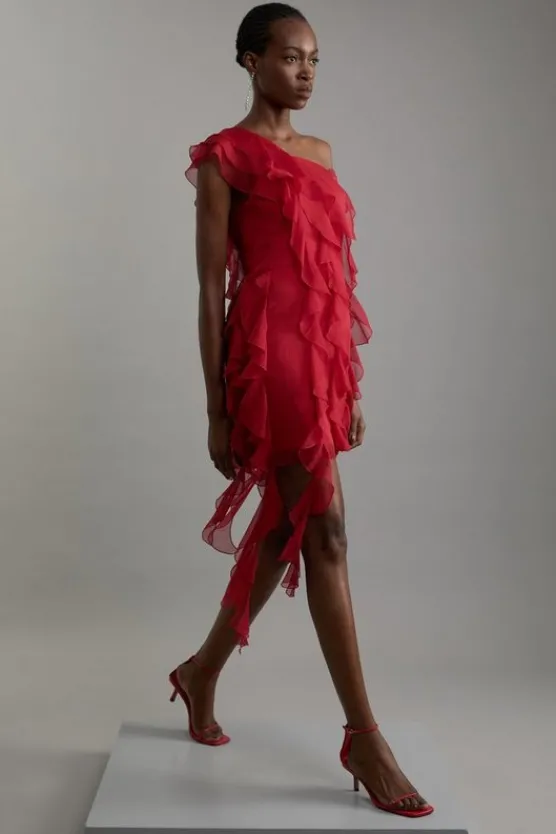 Best Karen Millen Premium Viscose Georgette Panelled Ruffle Detail Woven Midi Dress darkred
