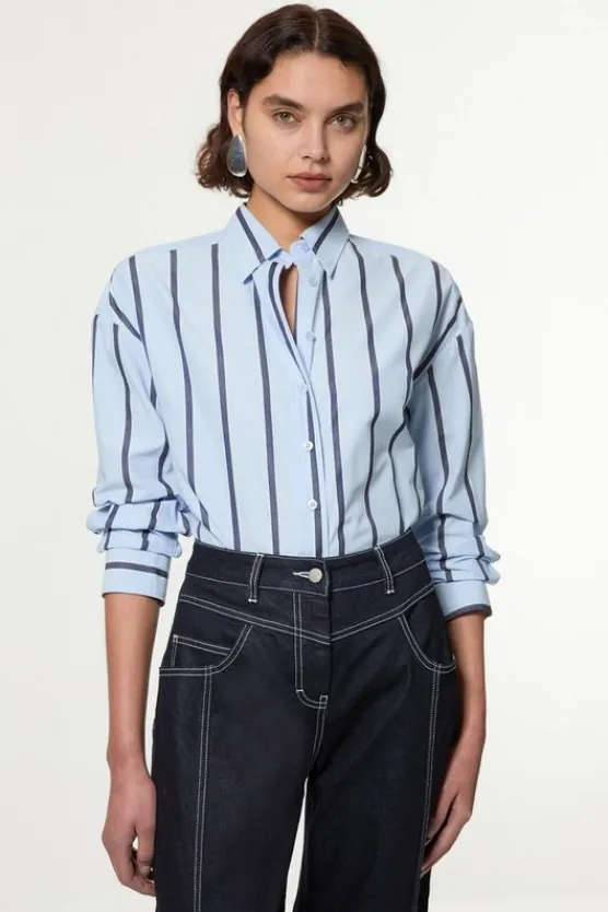 Best Karen Millen Stripe Cotton Oversize Tailored Essential Shirt paleblue