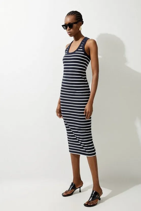 Discount Karen Millen Stripe Stretch Cotton Jersey Racer Back Midi Dress navy