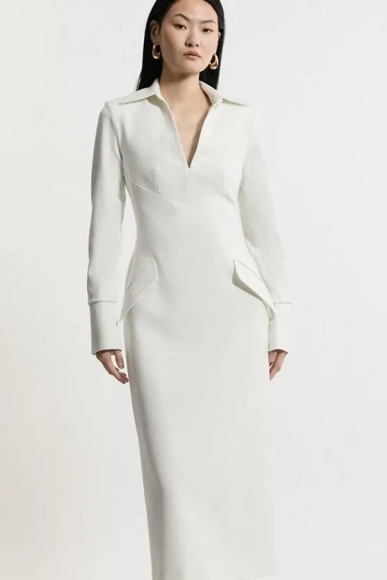 Outlet Karen Millen Structured Crepe Tailored Collared Pencil Maxi Dress ivory