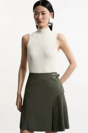 Cheap Karen Millen Tailored Buckle Detail Pleated Mini Skirt khaki