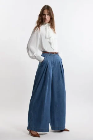 Best Karen Millen Tailored Chambray Denim Straight Leg Pleated Pants lightblue