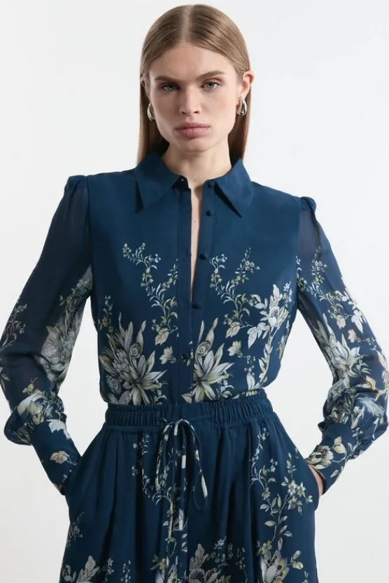 Best Sale Karen Millen Tall Border Print Viscose Piped Woven Shirt Balloon Sleeve Shirt darknavy