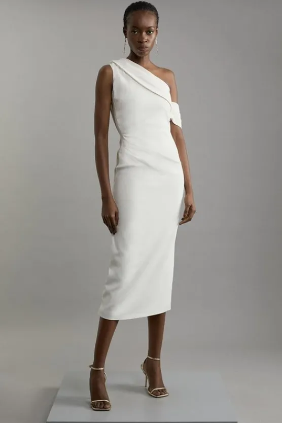 Hot Karen Millen Tall Compact Stretch Viscose Asymmetric Tailored Pencil Midi Dress ivory