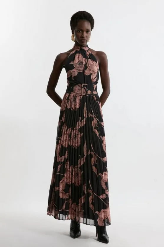 Store Karen Millen Tall Belted Pleated Woven Midi Dress floral